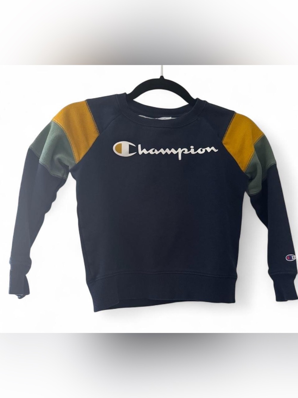 Champion Kids Size 7 Navy Crewneck Sweatshirt with Mustard & Olive Accents